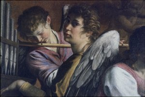De besnijdenis. Detail: Artemisia Gentileschi als Sint Cecilia, c. 1620 door Orazio Gentileschi