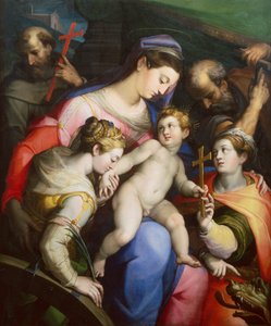 De Heilige Familie met Heiligen Margaretha, Catharina en Franciscus door Orazio Samacchini