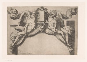 Ontwerp voor een deuromlijsting met twee genii die cartouche ophouden door Orazio de Santis (attributed to)