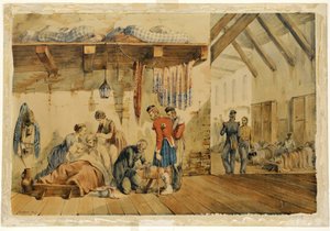 [Kazerne] Ziekenhuis Scutari, scène met verpleegsters en soldaten van het Highland Regiment, 1854-56 door Orlando Norie