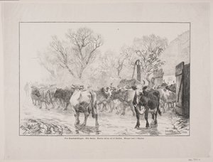 De koeien worden uit de stal gedreven. Late ochtend in oktober door Oscar Andersen