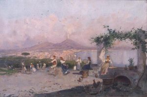 De baai van Napels met dansende figuren op de voorgrond