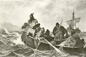 Leif Ericson voor de kust van Vineland (gravure) door Oscar Wergeland