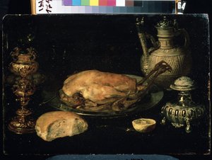 Stilleven met kip, citroen, brood, zilverwerk en olielamp door Osias the Elder Beert