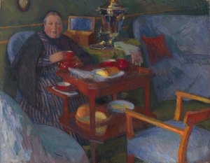 Vrouw die thee drinkt door Osip Emmanuilovich Braz