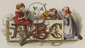 Drie meisjes oefenen hun schrijven (kleur litho)