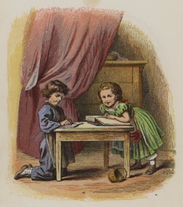 Twee kinderen die boeken lezen (kleur litho)