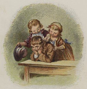 Twee kleine meisjes proberen een chagrijnige jongen op te vrolijken door Oskar Pletsch