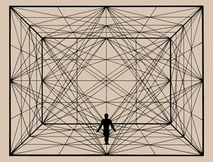 Figuur in de ruimte met vlakke geometrie en ruimtelijke afbakeningen, 1924-1925 door Oskar Schlemmer