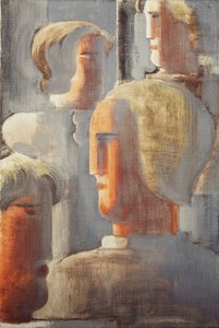 Groep van Vier Hoofden Grijs Blauw, Folkwang-Studie III door Oskar Schlemmer