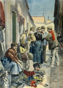 Een familie voddenrapers in Parijs in 1899 (Gravure)