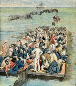 Inscheping op het scheepshospitaal van de gewonden van de expeditie van madagascar in 1896 (Gravure) door Oswaldo Tofani