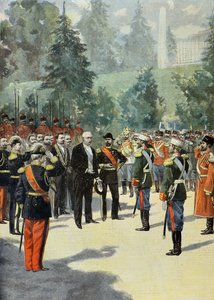 Felix Faure wordt verwelkomd door Nicholas 2 in Peterhof in 1897 (Gravure)