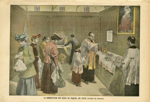 Illustratie door Oswaldo Tofani (1849-1915) in Le Pelerin, 03/04/04 - De zegen van paaseieren in Italië - Italië, Religie Geloof, Pasen, Katholiek Katholicisme - Ei
