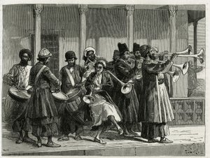 Muzikanten begroeten de zonsopgang in Isfahan (of Isfahan, stad in Iran). Gravure door Tofani, ter illustratie van het verhaal 