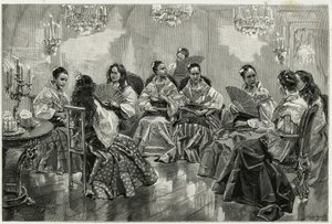 Narcisso Chinese handelsbeurs, Daraga, Filippijnen. Gravure door Tofani, ter illustratie van het verhaal 