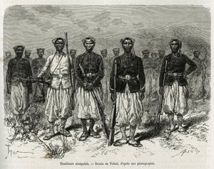 Senegalese ruiters van de expeditie-escorte. Gravure door Tofani, ter illustratie van het verhaal van Verkenning in Haut Niger, door commandant Gallieni, van de Mariniers, in 1880-1881, gepubliceerd in 