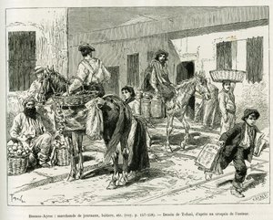 Kleine bedrijven, krantenverkopers, zuivel, fruitverkopers enz... in de straten van Buenos Aires (Argentinië). Gravure door Tofani ter illustratie van het verhaal Voyage a la Plata, drie maanden vakantie door Emile Blaireaux in 1886, in le tour du monde 18
