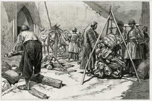 Het wegen van de bagage voor vertrek van de Delafoy Bruiloft Expeditie. Gravure door Tofani, ter illustratie van het verhaal 