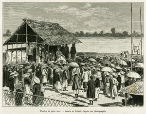 Theater in de wind. Gravure door Tofani, naar een foto, ter illustratie van het verhaal 