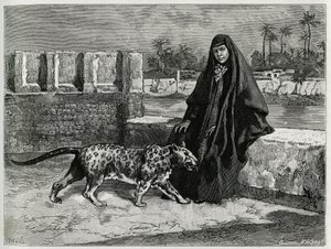 Torkan Khanoum, favoriet van Sheikh Moses, machtige stamleider van Arabistan met zijn panter. Gravure door Tofani, ter illustratie van het verhaal 