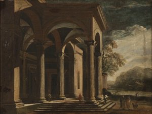 Architectonische fantasie paleis in een landschap door Ottavio Viviani