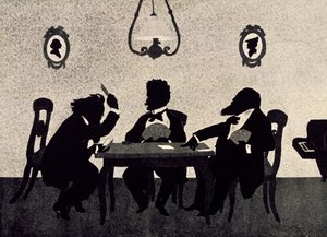 Kaartspel tussen Johannes Brahms, Richard Strauss en Hans Richter, zwarte silhouet door Otto Bohler door Otto Bohler