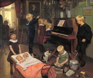 Een concert: de kinderen van de kunstenaar en hun speelkameraadjes