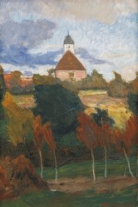 Uitzicht op de kerk van Worpswede. Omstreeks 1895 door Otto Modersohn