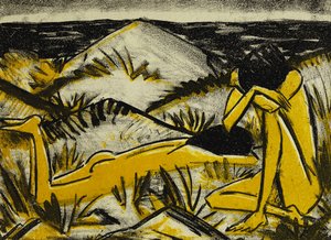 Duinen Eén Zittend en Meisje Liggend door Otto Mueller
