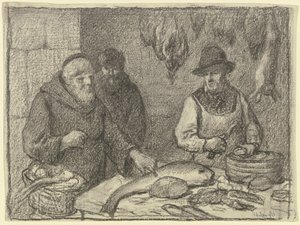 Monnik met een vishandelaar door Otto Scholderer