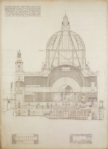 Verticale projectie van de kerk van Steinhof, het centrale ziekenhuis voor geesteszieken in Wenen ... door Otto Wagner