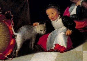 De kunstenaar en zijn familie Detail van de kat en het kind. Schilderij door Octavius Van Veen (1556-1629) door Otto van Veen