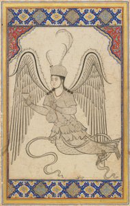 Engel, vliegend, met beker en wijnfles door Ottoman School