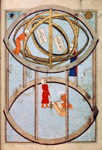 Astronomen manipuleren een enorme armillairsfeer en gereedschappen om lengte- en breedtegraad te meten. Miniatuur uit het manuscript ms. FY 1404 