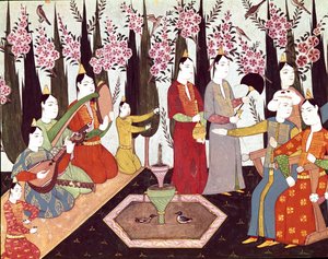 Feesten georganiseerd in een miniatuur harem uit het album van Sultan Ahmed I (1590-1617)
