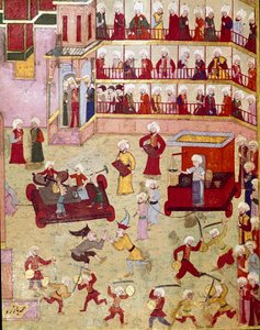 Feesten georganiseerd ter gelegenheid van de besnijdenis van de zoon van de Ottomaanse Sultan Murad II (Murat) (1404-1451), jongleurs, acrobaten en goudsmeden kwamen monsters presenteren. Miniatuur uit de 16e eeuw. Istanboel, Topkapi Sarayi Museum Biblioth