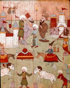 Festiviteiten georganiseerd ter gelegenheid van de besnijdenis van de zoon van de Ottomaanse sultan Murad II, voorbereiding van vuurwerk. Miniatuur uit de 16e eeuw. Istanboel, Topkapi Sarayi Museum Bibliotheek door Ottoman School