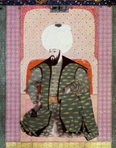 Ottomaanse Rijk: Portret van Ottomaanse Sultan Bajazed (Bayezid, Bajazet, Bayazid) II de Rechtvaardige (1447-1512) Miniatuur uit het manuscript (Ms. 1973, folio 62a) Zubdat al Tawarikh (Creme van Verhalen) door historicus Seyid Loqid Ashuri