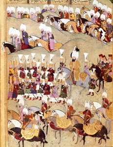 Ottomaanse Rijk: voorstelling van Ottomaanse Sultan Murad II (Murat) (1404-1451) en zijn leger tijdens de invasie van Perzië. Manuscript miniatuur ms. FY 1404 
