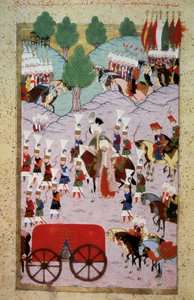 Ottomaanse Rijk: voorstelling van Sultan Soliman (Suleyman) I genaamd de Prachtige (1520-1566) en zijn leger. Miniatuur uit Hunername door Lokman, vol. 1 (H 1523, f.7) 1584 Topkapi Sarayi Museum Bibliotheek Istanbul door Ottoman School