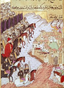 Tweede Kruistocht (1147-1149): de Kruisvaarders voor de stad Aleppo in Syrië. 16e-eeuwse miniatuur. Topkapi Sarayi Istanboel door Ottoman School