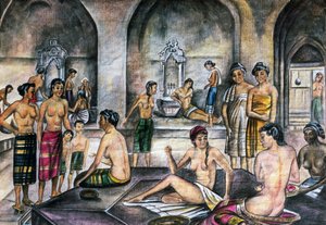 Turks bad, aquarel, Ottomaanse beschaving door Ottoman School