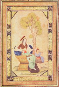 Vrouw zittend met een jong meisje in een tuin, uit Album de pièces calligraphiées et de miniatures