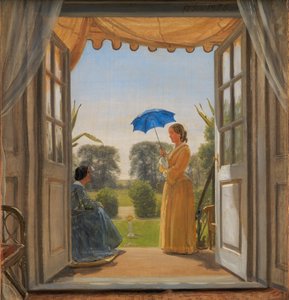 Caroline Dalgas en Jeanina Stampe op de trap van Nysø door P.C. Skovgaard