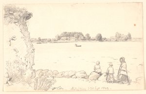 Een dame en twee kinderen bij Guldborg Sund. Nykøbing Falster. door P.C. Skovgaard