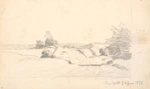 Een veldweg met wat struiken op de voorgrond. Op de achtergrond een bosrand door P.C. Skovgaard