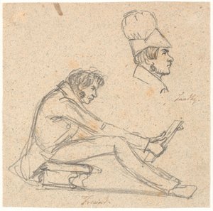 H.E. Freund zittend op een kruk en een tekening bekijkend. Boven rechts profielportret van J. Th. Lundbye. door P.C. Skovgaard