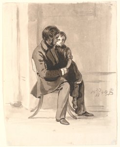 Johan Thomas Lundbye met Olympia Freund op schoot door P.C. Skovgaard