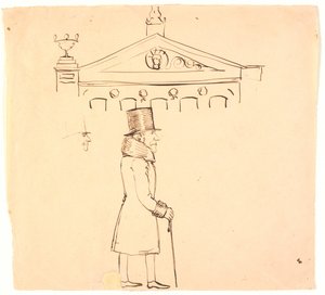 Karikatuur van een heer in bontjas buiten Casino door P.C. Skovgaard